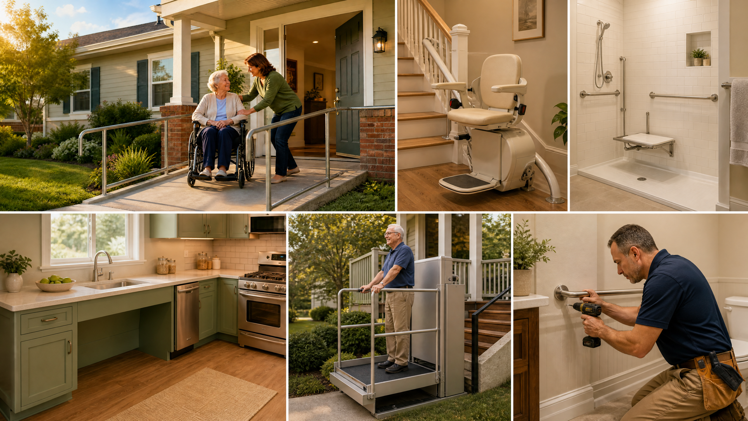 Collage of accessible home services including wheelchair ramps, stairlifts, accessible bathrooms, kitchens, platform lifts, and grab bar installations
